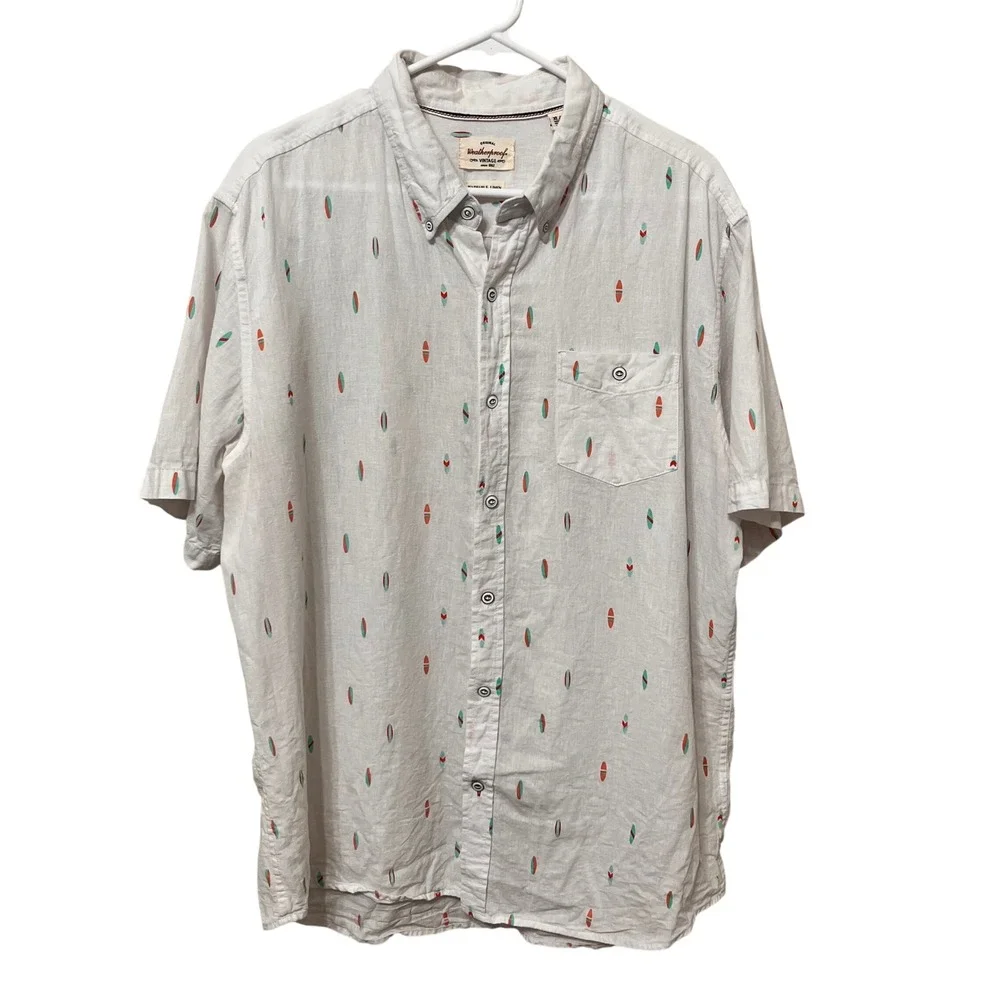 Weatherproof Vintage‎ Mens XL White Surfboard Print Linen Blend Shirt